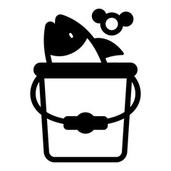 Fish in water bucket solid icon, fishing, fishery concept. Vector graphics. Full bucket of fish sign on white background, glyph style mobile or design.