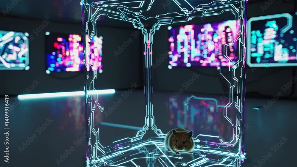 Poster cute hamster exploring a glowing cage with circuit board patterns, surrounded by vibrant screens dis