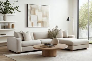 Naklejka premium Modern cream sectional living room. Natural light, minimalist design