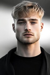 Fototapeta premium Intense Gaze: A young man with a sharp, piercing gaze and a confident expression, wearing a simple black t-shirt, embodies a sense of self-assurance and depth. His short.