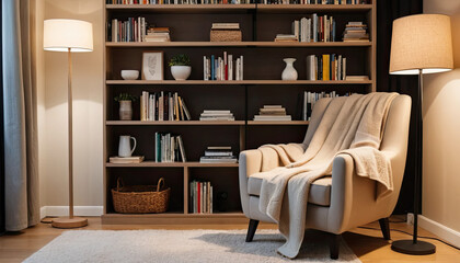 Cozy reading nook with comfortable chair, warm lighting, and bookshelf filled with books