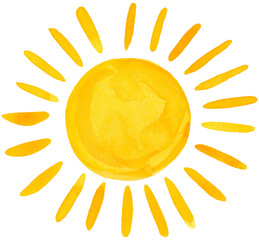 Sun Watercolor Whimsical Style Childish Doodle Brush Stroke Shining in Yellow Color on Isolated Background