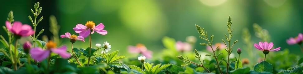 Delicate ferns and wildflowers surround a central stem, stems, flowers, foliage