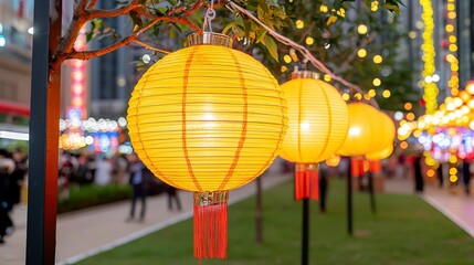 Obraz premium Lanterns Lighting the City: Capturing a vibrant display of Chinese lanterns illuminated against a bustling cityscape. The lanterns offer a visual feast of culture, color, and celebration.