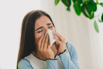 Young brunette woman sneezing into tissue indoors, experiencing allergy or cold symptoms in a...