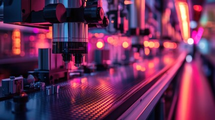 Automated assembly line with precision machinery under vibrant lighting