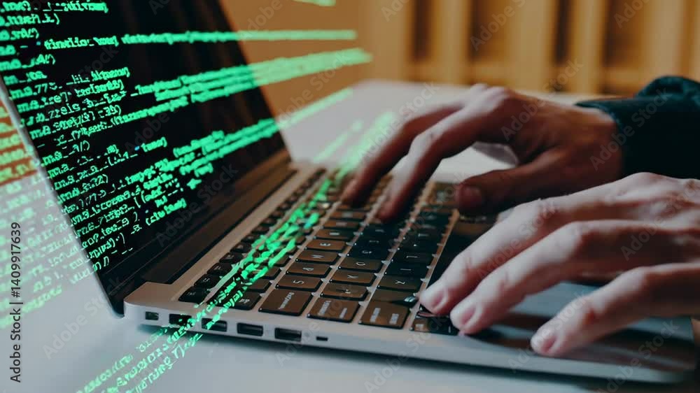 Fototapete Software developer intensely typing source code on laptop, green programming lines visualizing in augmented reality, representing digital innovation and technological creativity