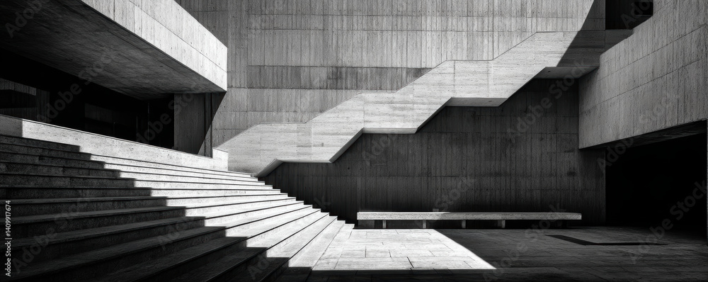 Poster modern concrete architecture features striking staircase and geometric design, creating sense of dep