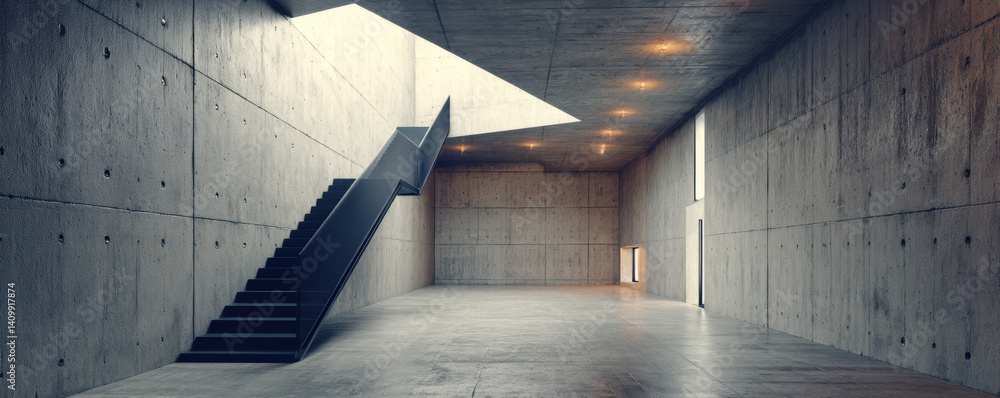 Aufkleber spacious concrete interior featuring angular staircase and large skylight, creating modern and minim