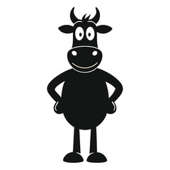 Cute Black Cartoon Cow with Horns Smiling with Hands on Hips