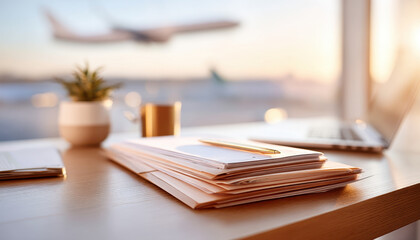 serene workspace features stack of documents alongside cup and small plant, with aeroplane visible background, symbolizing business and insurance