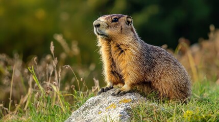 Fototapeta premium A small brown animal with a black nose is sitting on a rock in a grassy field