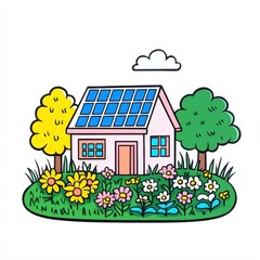 Charming Eco-Friendly House with Solar Panels Surrounded by Vibrant Flowers and Lush Greenery in a Cartoon Style