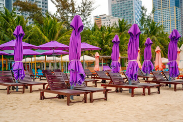 Beautiful tropical island scenery, sun beds, loungers, umbrella folded umbrellas against the backdrop of the city. Inspirational beach resort hotel
