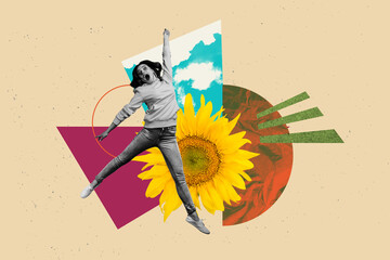 Banner creative collage of people air fly with yellow sunflowers sky on pastel color background
