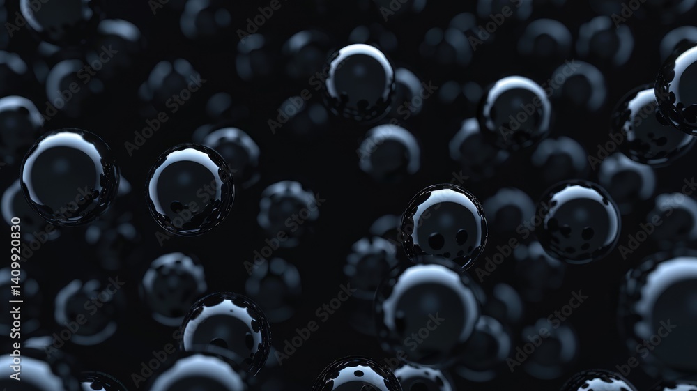 Poster abstract of black circle shape ball with droplet style design connect by pale color bond. sphere bub