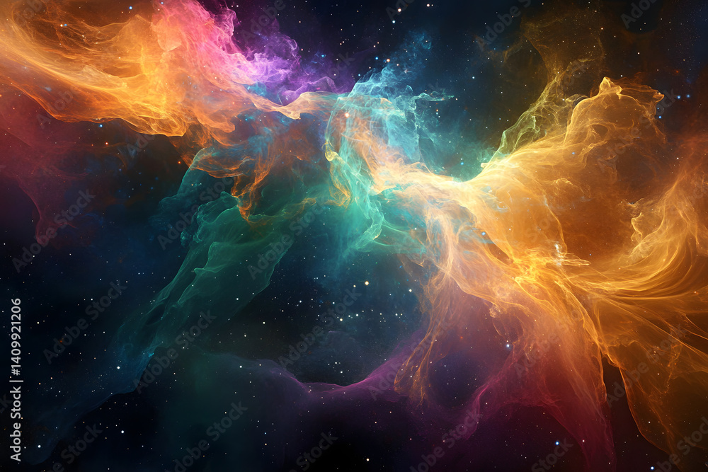 Wall mural artistic representation of entangled photons in a cosmic setting