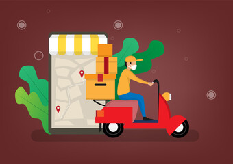 Fototapeta premium Fast delivery shopping online service and quick shipping a parcel around city by motorcycle staff.