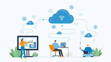 business technology cloud computing service connection concept with developer team working.
business smart working online connect anywhere concept. flat vector illustration.
