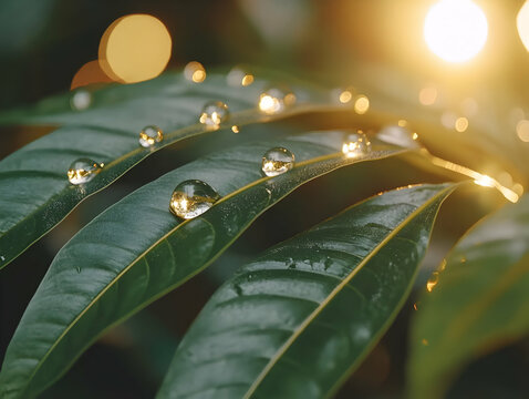 Water Droplets On Green Leaves In Sunlight - Powered by Adobe