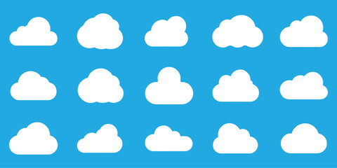 Collection of Simple White Clouds Against a Light Blue Background, weather icon sky icon.