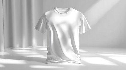 Close up of a white t shirt with a round neck surrounded by flowing white fabric in soft lighting