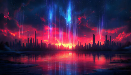Naklejka premium Futuristic City Sunset With Neon Lights