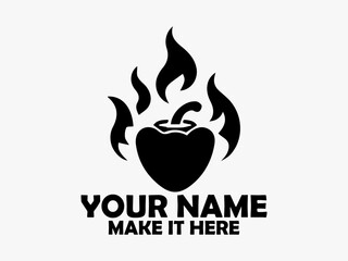 Bold black and white emblem depicting a chili pepper engulfed in stylized flames indicating a high level of spiciness. Food concept, chili logo design, chili logo brand and chili logo vector