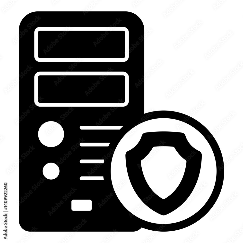 Poster desktop computer case with shield solid icon, data protection concept. vector graphics. system unit,