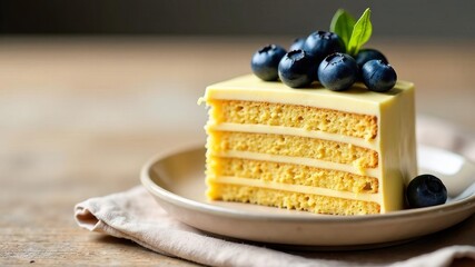 Piece of sponge cake with butter cream and blueberry on light background