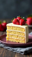 Piece of sponge cake with butter cream and strawberries on dark background