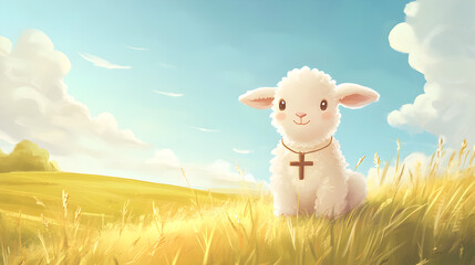 Fototapeta premium A cute lamb with a cross necklace in a sunny field soft colored spiritual illustration for Christian books religious prints and children’s teaching visuals