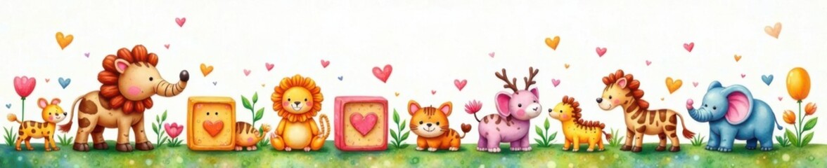 Obraz premium Colorful watercolor baby block with cute animals, kids room, nursery