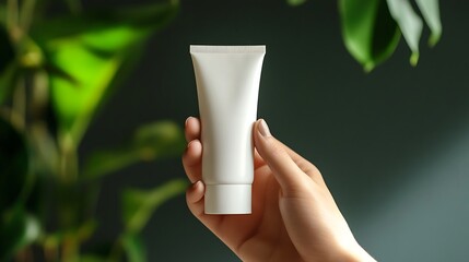 Hand holding a white tube of cosmetic product against a green leafy plant background in soft lighting