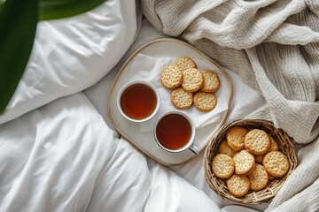 Cozy Tea Time with Crackers on a Bed Surrounded by Soft Textiles
