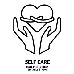 Self care editable stroke outline icon isolated on white background flat vector illustration, black outline, Pixel perfect