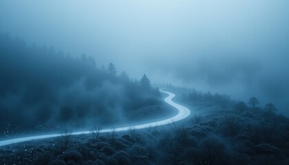 Fototapeta premium Mysterious foggy landscape journey serene mountains nature photography tranquil environment aerial view enigmatic atmosphere