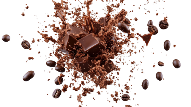 Coffee roasted bean ground fly explosion, Coffee crushed ground float pouring mix with beans. Roasted Coffee bean powder ground dust splash explosion in mid Air. Black background Isolated gold bokeh