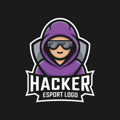 Esport Hacker Mascot Logo: Cartoon Character with Purple Hoodie and Goggles