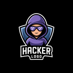 Mysterious hacker mascot logo with hoodie and futuristic glasses design