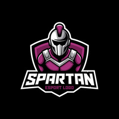 Spartan warrior mascot logo. Gaming esport identity with knight helmet and shield.