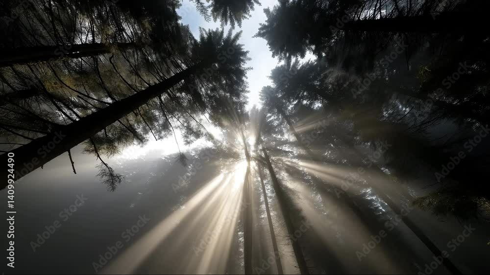 Poster sunlight filters through tall trees in a serene forest at dawn, creating a magical atmosphere with m