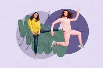 Pop zine full art photo collage of two happy girls dance weekend celebration vibe event chill party...