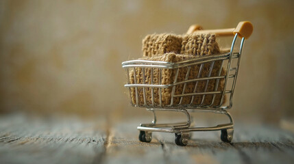 Miniature shopping cart with burlap sacks on wooden surface