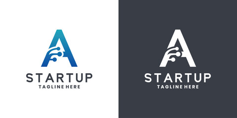 Letter A technology startup logo with blue gradient circuit design
