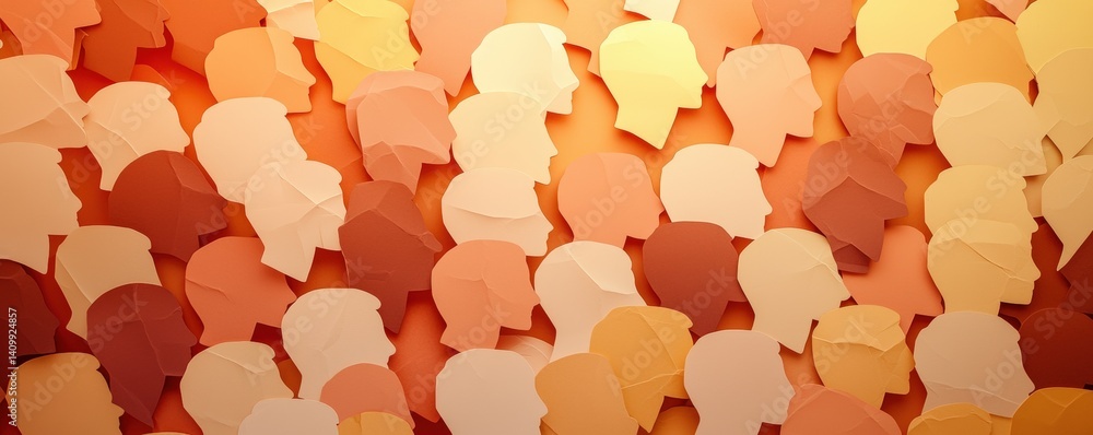 Poster a colorful arrangement of paper cutouts depicting stylized human profiles in various shades, creatin