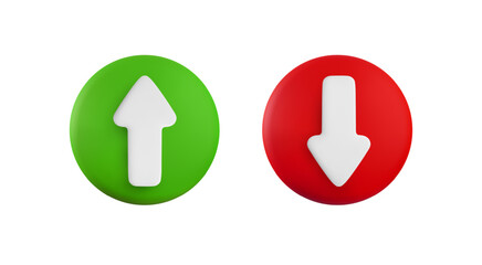 Vector cartoon 3d arrow button set. Cute realistic up and down direction white arrows sign on green and red circle. 3d render plastic navigation direction icon for infographic, web, app, game design.
