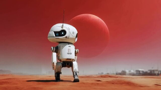 A humanoid robot stands on the surface of a red planet, gazing at a large celestial body in the sky. It appears to be conducting analysis with advanced technology in a futuristic space environment.