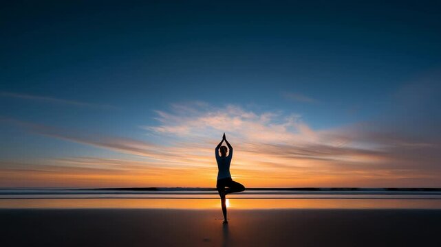 Sunset Yoga Practice on the Beach Showcases Serenity and Balance in Nature's Beauty During Golden Hour