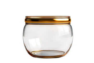 Elegant empty glass jar with gold rim perfect for luxury product displays on transparent background